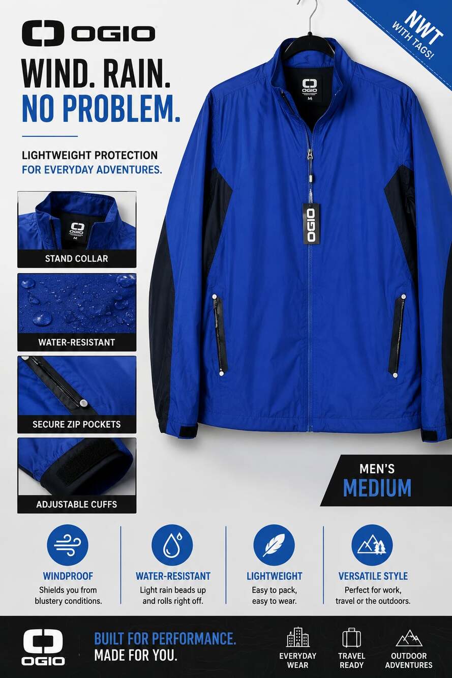 NWT OGIO Men’s Medium Blue Black Lightweight Windbreaker Rain Jacket
